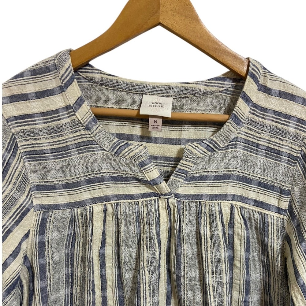 Knox Rose Striped Gauzy Boho Split Neck Balloon Sleeve Blouse Coastal Nautical M - Picture 7 of 8